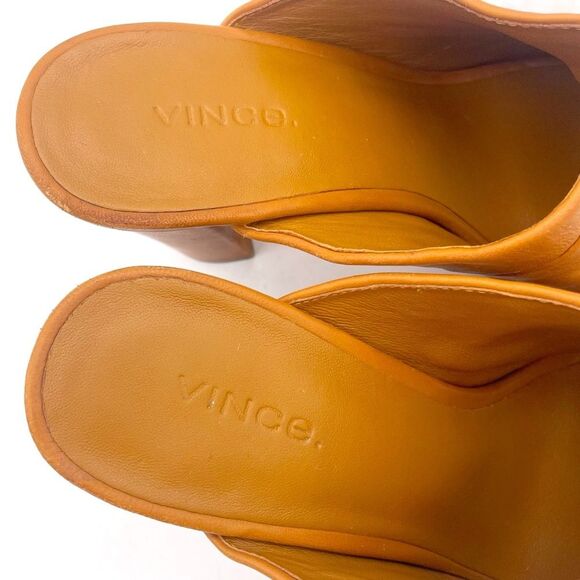 Vince Heath Leather Peep Toe High Block Heeled Mule Cognac Brown Women’s Size 8 - Picture 11 of 16